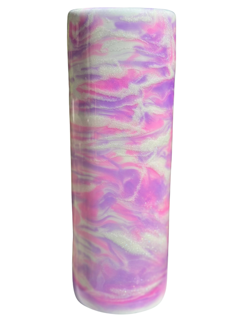 This tumbler has a lot of glitter. The pink, purple and white really pop. This tumbler also glows.
