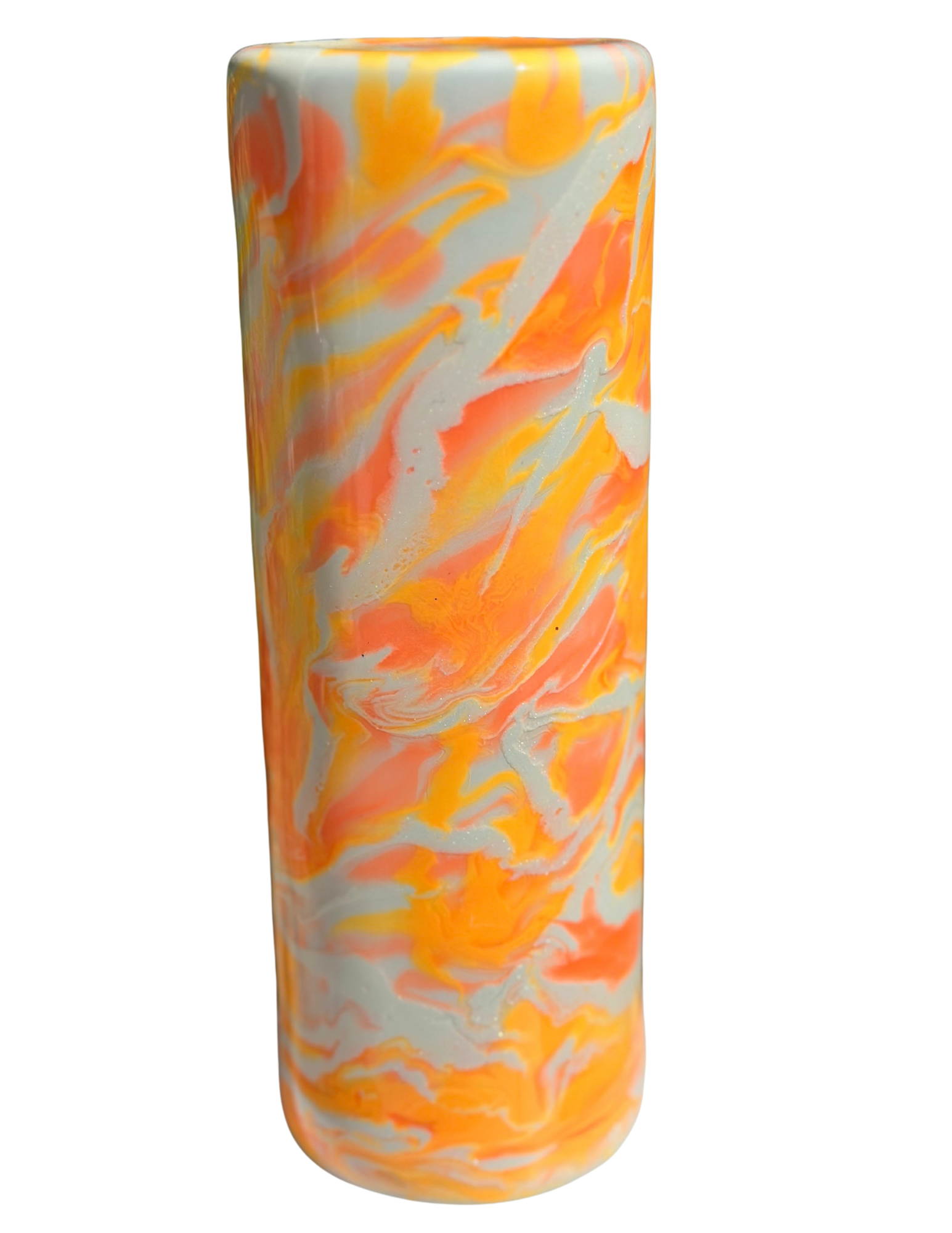 THIS ORANGE AND WHITE TUMBLER IS BEAUTIFUL AND IT GLOWS IN THE DARK!